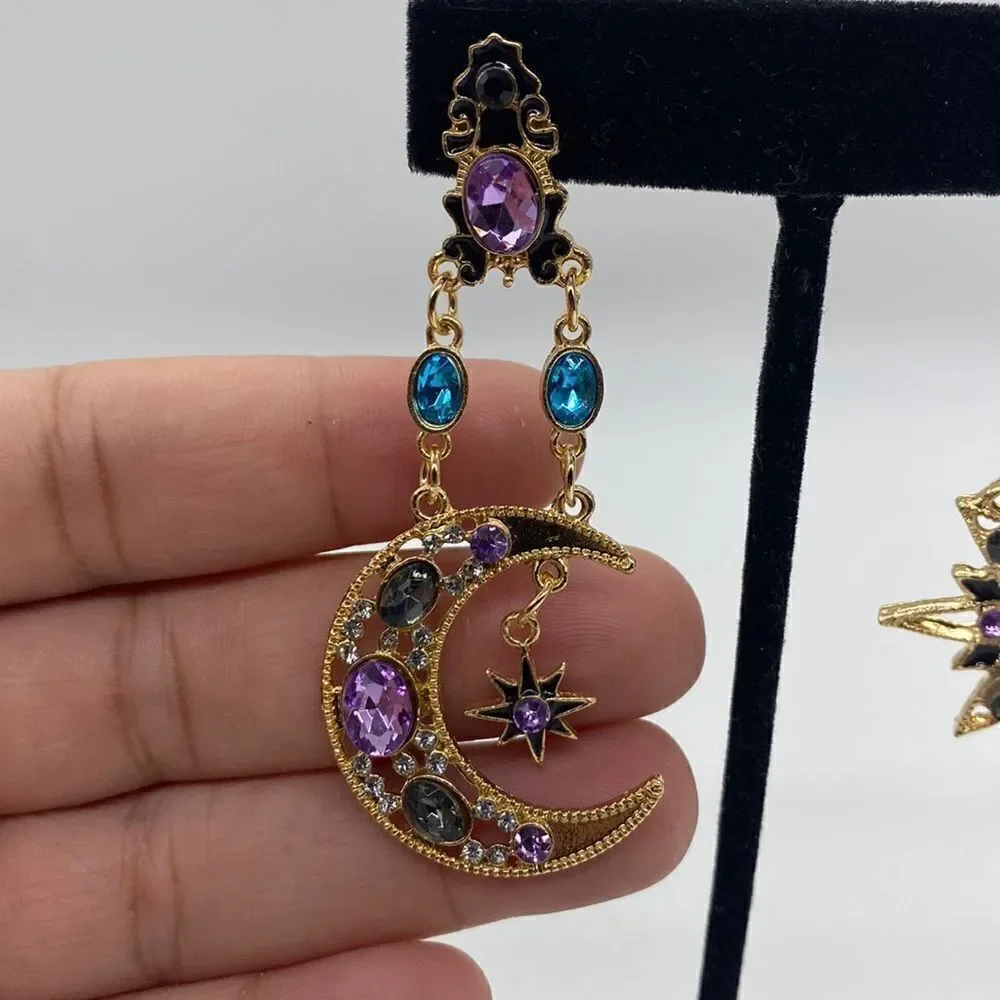 🔅🆕🔅 🌙 💜 Elegant Crystal Sun Moon Drop Long Earrings ☀️🌙✨